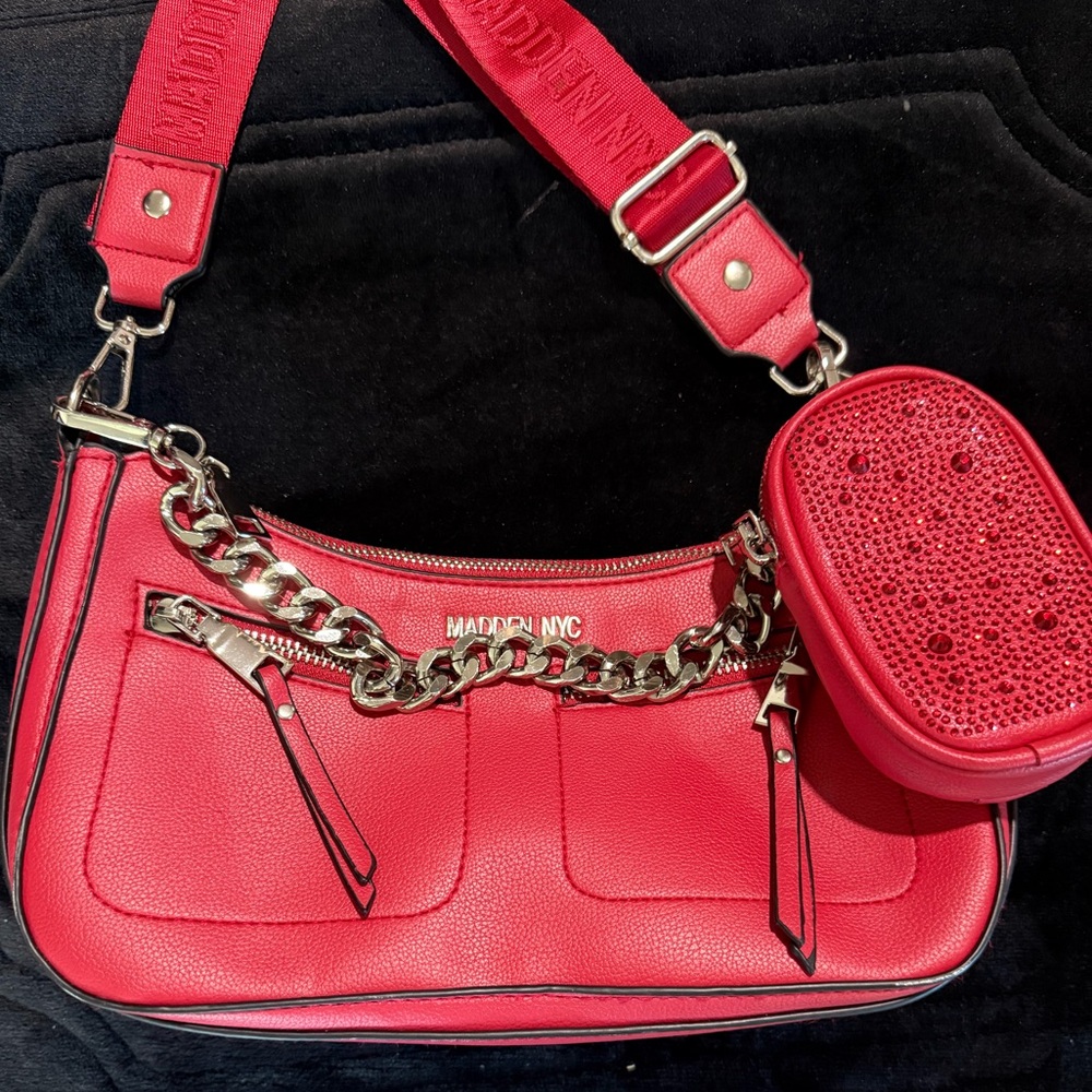 Madden NYC Red Shoulder Bag with Chain Detail